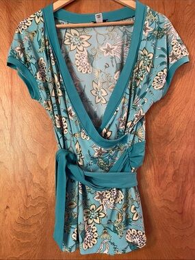 Ann Taylor LOFT Teal Floral Wrap Top with Tie-Waist, Large